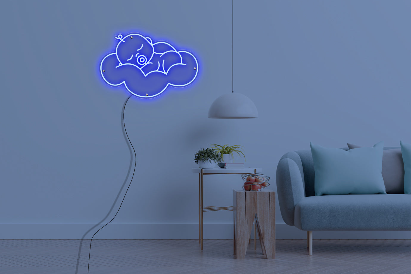 Neon LED schriftzug sign schild light strip blau online home dekor, kind in der wolke