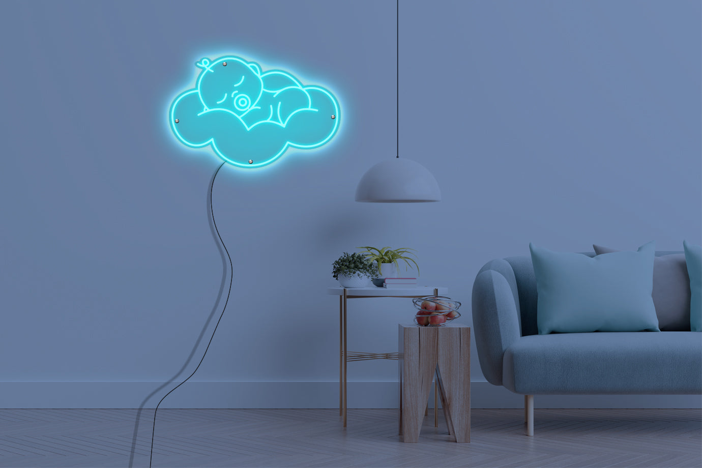 Neon LED schriftzug sign schild light strip türkis online home dekor, kind in der wolke