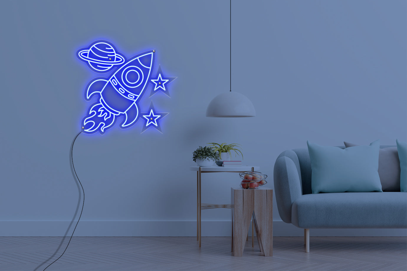 Neon LED schriftzug sign schild light strip blau online home dekor, rakete