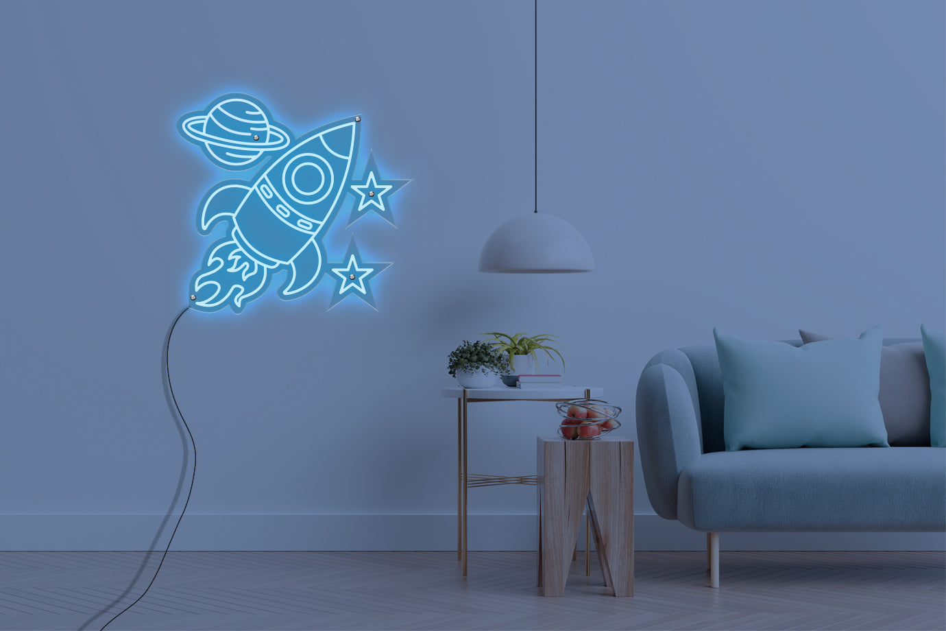 Neon LED schriftzug sign schild light strip hell blau online home dekor, rakete