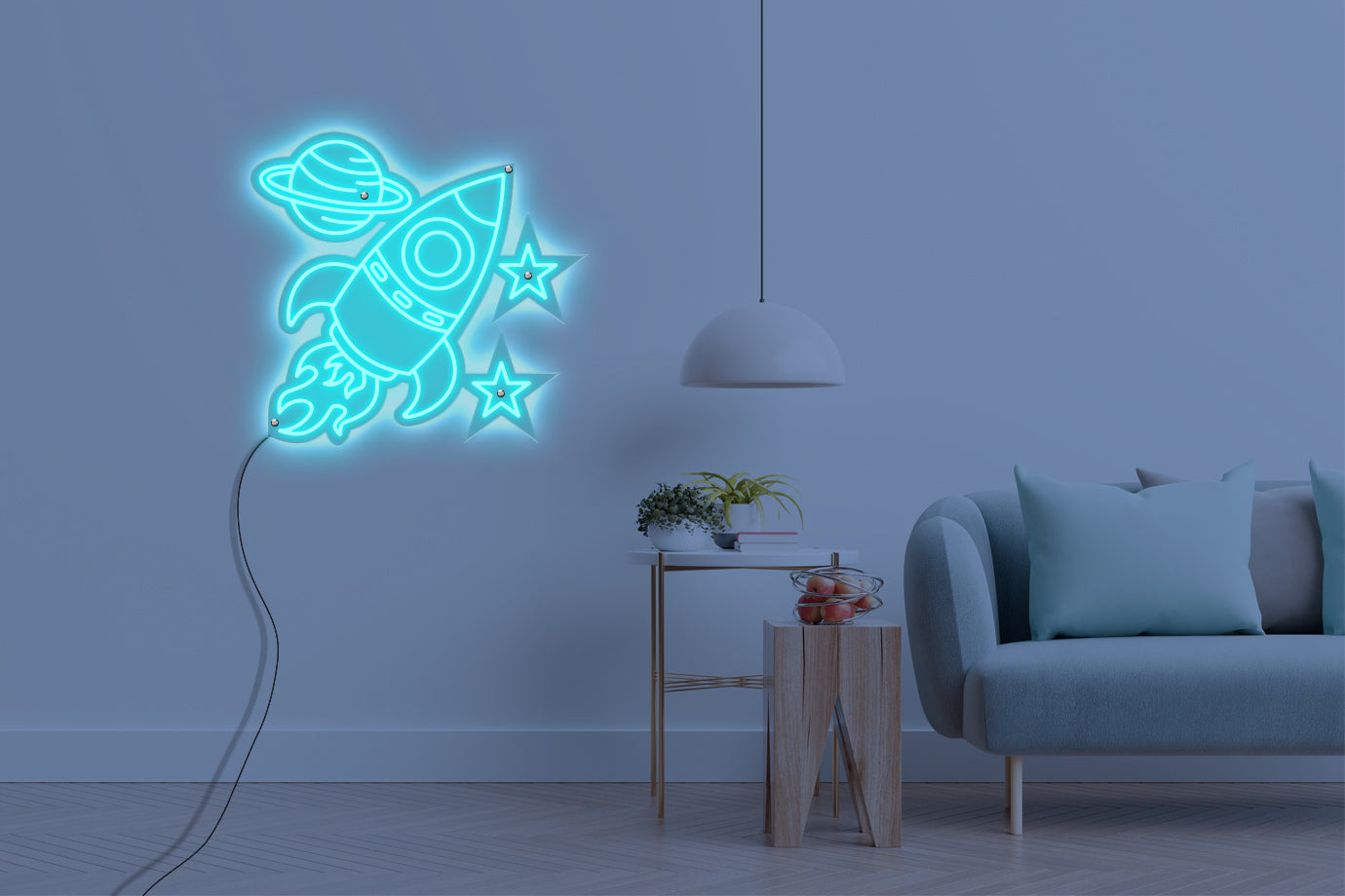 Neon LED schriftzug sign schild light strip türkis online home dekor, rakete