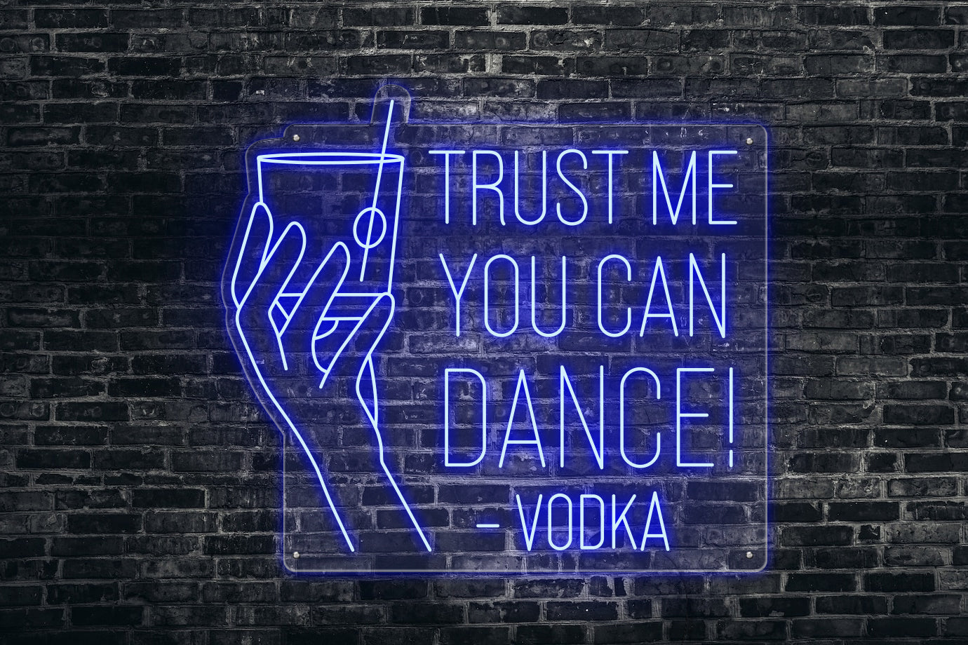 Neon LED schriftzug sign schild light strip blau, online, events, Home, Lifestyle, trust me you can dance, vodka, cocktail