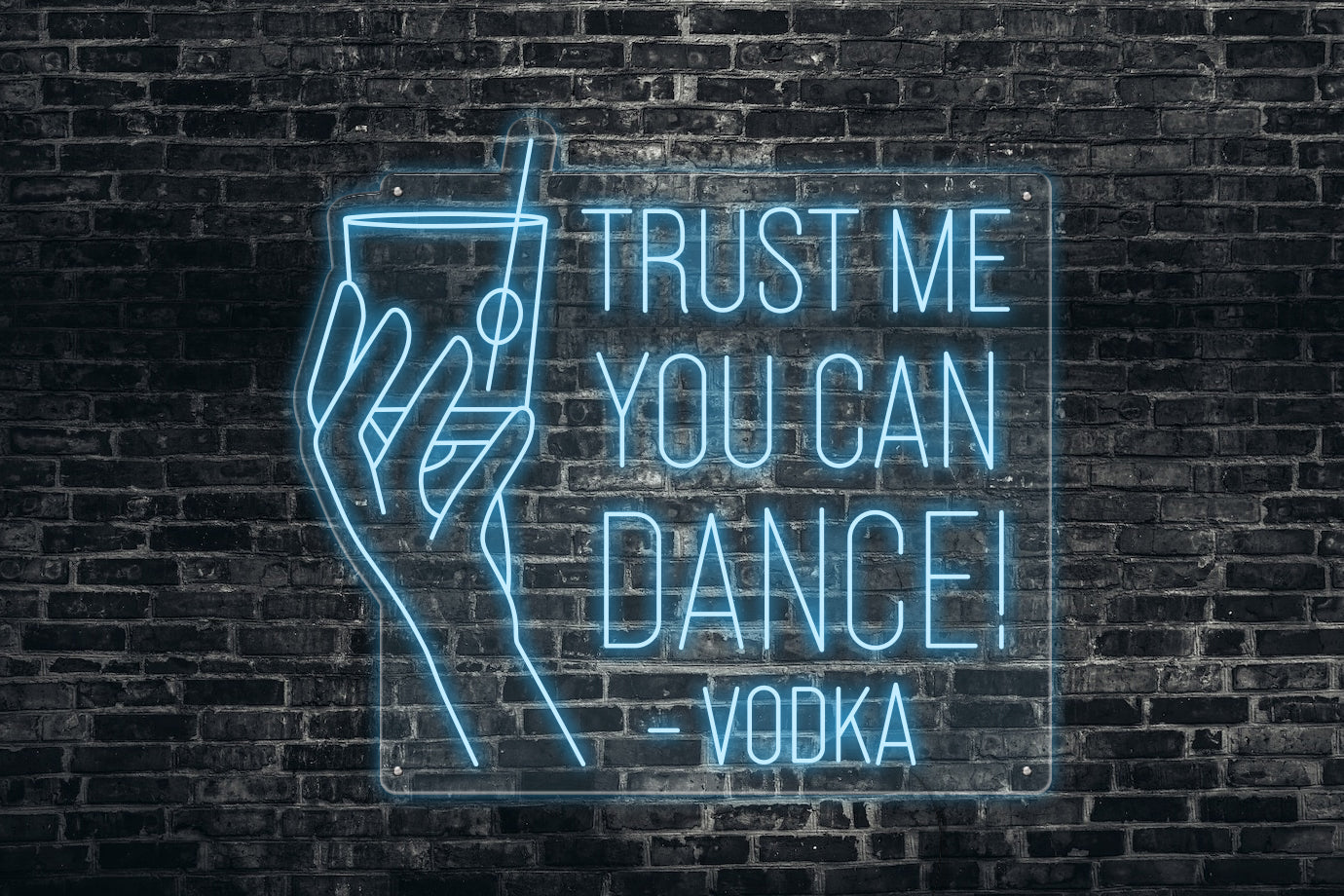 Neon LED schriftzug sign schild light strip hellblau, online, events, Home, Lifestyle, trust me you can dance, vodka, cocktail