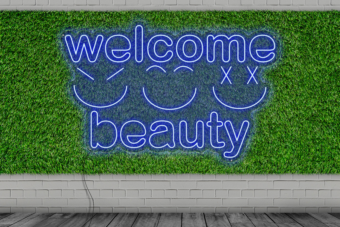 Neon LED schriftzug sign schild light strip blau, online, events, Lifestyle, friseur, welcome beauty, smiley