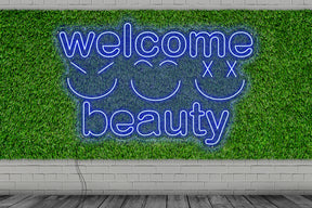 Neon LED schriftzug sign schild light strip blau, online, events, Lifestyle, friseur, welcome beauty, smiley