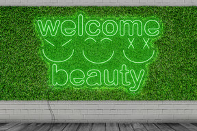 Neon LED schriftzug sign schild light strip grün, online, events, Lifestyle, friseur, welcome beauty, smiley