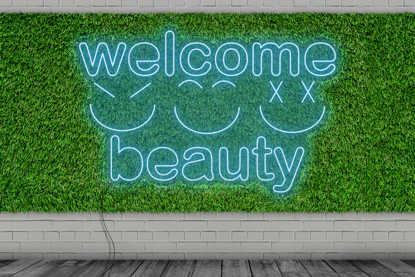 Neon LED schriftzug sign schild light strip hellblau, online, events, Lifestyle, friseur, welcome beauty, smiley