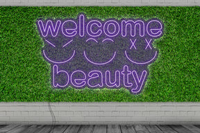 Neon LED schriftzug sign schild light strip lila, online, events, Lifestyle, friseur, welcome beauty, smiley