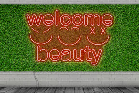 Neon LED schriftzug sign schild light strip rot, online, events, Lifestyle, friseur, welcome beauty, smiley