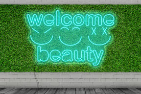 Neon LED schriftzug sign schild light strip türkis, online, events, Lifestyle, friseur, welcome beauty, smiley